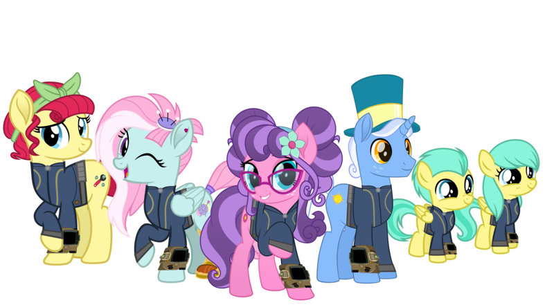 Size: 5459x3008 | Tagged: safe, artist:ponygamer2020, derpibooru import, barley barrel, kerfuffle, petunia petals, pickle barrel, sunny skies, torque wrench, earth pony, pegasus, pony, unicorn, fallout equestria, rainbow roadtrip, absurd resolution, amputee, atorqueable, bandana, barleybetes, barrel twins, brother and sister, clothes, colt, cute, duo, ear piercing, fallout, female, filly, flower, flower in hair, foal, freckles, fufflebetes, glasses, group, hat, high res, image, jewelry, jumpsuit, looking at you, male, mare, mayor, movie accurate, one eye closed, overalls, picklebetes, piercing, pincushion, pipboy, png, prosthetic leg, prosthetic limb, prosthetics, puppy dog eyes, raised hoof, scar, scrunchie, show accurate, shy, shy smile, siblings, simple background, smiling, smiling at you, solo, stallion, tail, tail wrap, top hat, transparent background, twins, vault suit, vector, vest, wall of tags, wink
