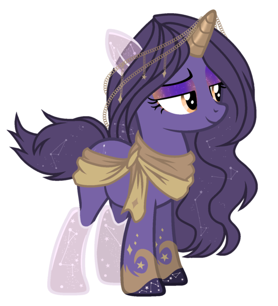 Size: 1470x1619 | Tagged: safe, artist:taxidermieddemon, derpibooru import, oc, oc:urania, unofficial characters only, pony, unicorn, clothes, constellation pony, horn, horn jewelry, image, jewelry, long mane, mane, png, scarf, short tail, smiling, smug, solo, tail