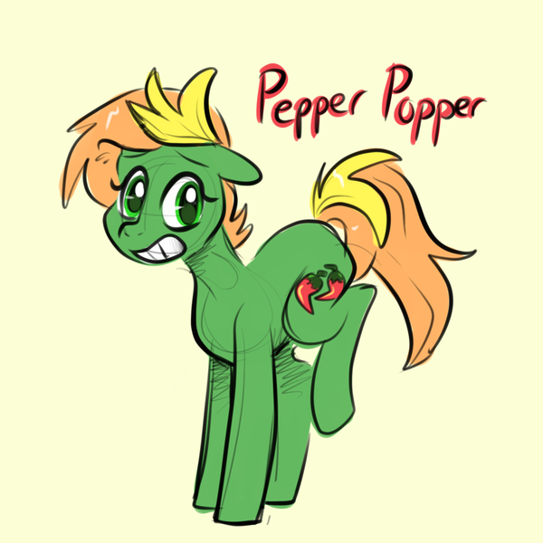 Size: 1060x1060 | Tagged: safe, artist:smirk, derpibooru import, oc, oc:pepper popper, unofficial characters only, earth pony, pony, colored sketch, image, png, simple background, sketch, solo, yellow background