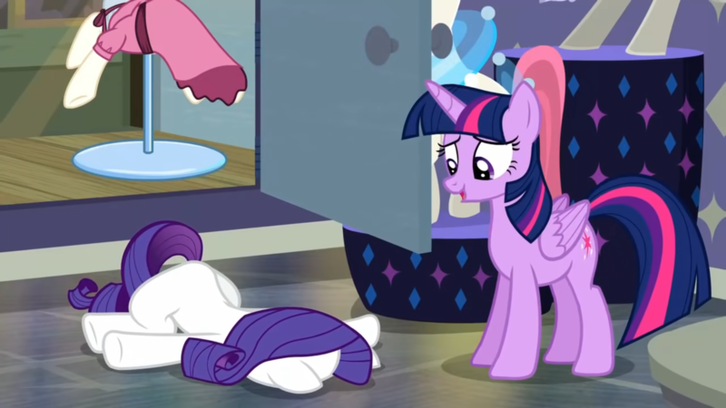 Size: 1920x1080 | Tagged: safe, derpibooru import, screencap, rarity, twilight sparkle, twilight sparkle (alicorn), alicorn, pony, unicorn, the saddle row review, clothes, description is relevant, detailed background, door, dress, faceplant, female, image, mannequin, mare, png, rarity for you