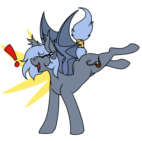 Size: 495x489 | Tagged: safe, artist:codras, oc, oc:panne, unofficial characters only, bat pony, pony, bucking, exclamation point, eyes closed, fangs, female, image, mare, open mouth, png, simple background, solo, spread wings, tail wrap, transparent background, wings