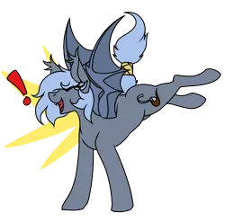 Size: 495x489 | Tagged: safe, artist:codras, oc, oc:panne, unofficial characters only, bat pony, pony, bucking, exclamation point, eyes closed, fangs, female, image, mare, open mouth, png, simple background, solo, spread wings, tail wrap, transparent background, wings