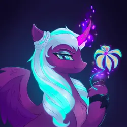 Size: 2048x2048 | Tagged: safe, artist:qwennondeathdie, derpibooru import, opaline, alicorn, pony, my little pony: make your mark, spoiler:g5, spoiler:my little pony: make your mark, eyebrows, eyeshadow, female, g5, glow, glowing horn, high res, horn, image, jpeg, looking at you, magic, magic aura, makeup, mare, signature, smiling, smiling at you, smirk, solo, spread wings, telekinesis, wings