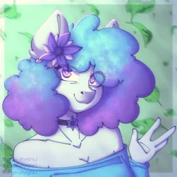 Size: 966x970 | Tagged: safe, artist:angie imagines, derpibooru import, oc, unofficial characters only, anthro, afro, choker, ear fluff, female, flower, flower in hair, fluffy hair, green background, heart, heart eyes, high res, image, jpeg, leaves, multicolored hair, purple eyes, redraw, simple background, solo, wingding eyes