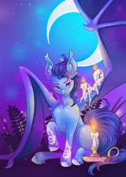 Size: 2876x4032 | Tagged: safe, artist:lianhuastardrops, derpibooru import, oc, oc:wax n' wane, unofficial characters only, bat pony, pony, absurd resolution, bat pony oc, bat wings, candlestick, fern, fire, image, male, moon, night, png, signature, stallion, wings
