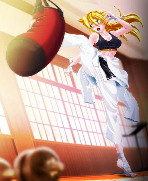 Size: 4259x5215 | Tagged: suggestive, artist:mauroz, derpibooru import, applejack, human, abs, anime, bandage, breasts, busty applejack, cleavage, clothes, commission, dojo, dumbbell (object), high kick, humanized, image, karate, kicking, motion blur, open mouth, png, punching bag, solo, sports bra, sweat, training, treadmill, weights