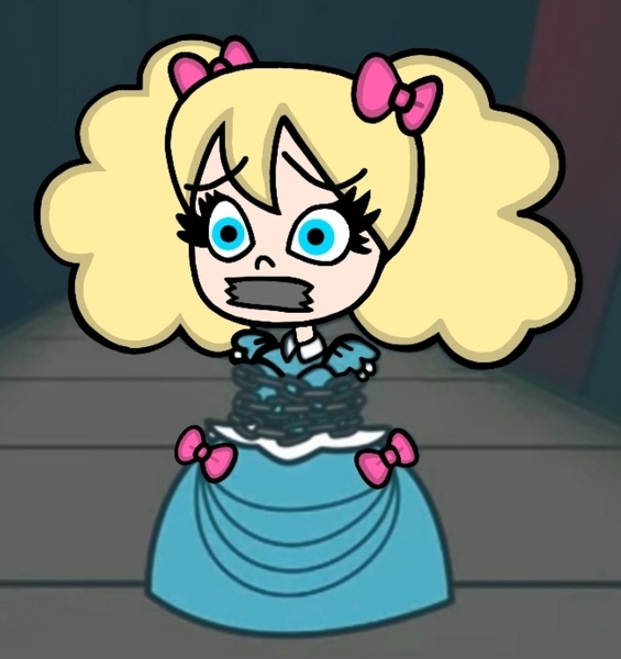 Size: 720x765 | Tagged: safe, derpibooru import, edit, edited screencap, screencap, megan williams, bow, chains, clothes, drawing, dress, gag, help, help me, image, jpeg, kidnapped, pigtails, poppy playtime, tape, tape gag, tied up