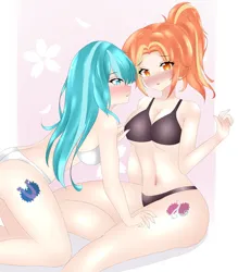 Size: 1920x2187 | Tagged: suggestive, derpibooru import, lighthoof, shimmy shake, human, blushing, bra, clothes, cutie mark on human, duo, duo female, female, humanized, image, lingerie, panties, png, underwear