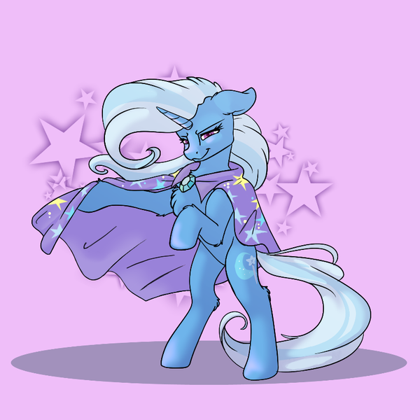 Size: 800x800 | Tagged: safe, alternate version, artist:allyclaw, edit, edited edit, editor:edits of hate, editor:zuppav, unauthorized edit, trixie, pony, unicorn, abstract background, bipedal, cape, chest fluff, clothes, drop shadow, female, floppy ears, gem, image, looking at you, mare, pink background, png, rearing, simple background, smiling, smug, solo, stars, trixie's cape