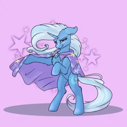 Size: 800x800 | Tagged: safe, alternate version, artist:allyclaw, edit, edited edit, editor:edits of hate, trixie, pony, unicorn, bipedal, cape, clothes, female, floppy ears, image, looking at you, mare, pink background, png, simple background, solo, trixie's cape