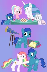 Size: 2824x4255 | Tagged: safe, artist:lillyleaf101, derpibooru import, majesty, milky way (g1), prince blue dream, princess silver swirl, earth pony, pony, unicorn, base used, book, colt, female, filly, foal, g1, g1 to g4, g2, g2 to g4, g4, generation leap, image, male, mare, png, stallion, starshine (g1), telescope
