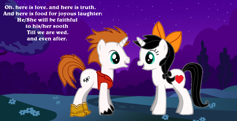 Size: 1024x521 | Tagged: safe, artist:crawfordjenny, derpibooru import, boots, bow, clothes, frederic (pirates of penzance), gilbert and sullivan, image, lyrics, mabel (pirates of penzance), mane bow, png, shoes, song reference, text, the pirates of penzance, tree, vest