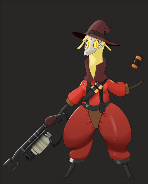 Size: 1628x2012 | Tagged: safe, artist:hitsuji, derpibooru import, alpaca, them's fightin' herds, bandolier, clothes, community related, cosplay, costume, flamethrower, grenade, hat, image, paprika (tfh), png, pyro, pyrocynical, skull mask, solo, team fortress 2, weapon, wizard hat
