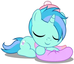 Size: 3780x3250 | Tagged: safe, artist:strategypony, derpibooru import, oc, oc:richy whistles, unofficial characters only, pony, clothes, colt, eyes closed, foal, image, male, pillow, png, scarf, simple background, sleeping, transparent background