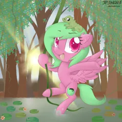 Size: 2300x2300 | Tagged: safe, artist:meotashie, derpibooru import, oc, unofficial characters only, lizard, pegasus, pony, female, image, lilypads, pegasus oc, png, solo, swamp, tree, vine, water, wings