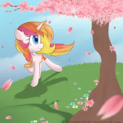 Size: 2300x2300 | Tagged: safe, artist:meotashie, derpibooru import, oc, unofficial characters only, pony, unicorn, cherry blossoms, female, flower, flower blossom, horn, image, png, running, solo, unicorn oc