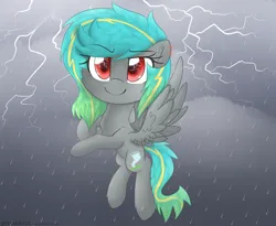 Size: 2800x2300 | Tagged: safe, artist:meotashie, derpibooru import, oc, unofficial characters only, pegasus, pony, female, flying, image, lightning, pegasus oc, png, rain, sky, smiling, solo, wings