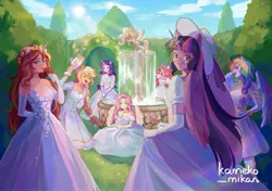 Size: 2480x1748 | Tagged: safe, artist:kameko_mikan, derpibooru import, angel bunny, applejack, fluttershy, pinkie pie, rainbow dash, rarity, sunset shimmer, twilight sparkle, twilight sparkle (alicorn), alicorn, human, rabbit, animal, clothes, cowboy hat, cute, dress, eared humanization, evening gloves, female, floral head wreath, flower, fountain, glasses, gloves, grass, hat, humanized, image, jpeg, long gloves, mane six, one eye closed, pony coloring, rose, sun hat, wink