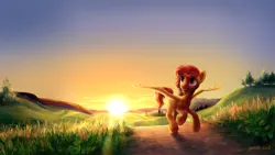 Size: 3021x1700 | Tagged: safe, artist:kaermter, derpibooru import, oc, oc:alios, unofficial characters only, pegasus, pony, facial hair, image, male, open mouth, open smile, png, running, scenery, smiling, solo, spread wings, stallion, sunset, wings