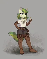 Size: 3200x4000 | Tagged: safe, artist:asimos, derpibooru import, oc, oc:karakusa, unofficial characters only, anthro, plantigrade anthro, pony, belt, boots, clothes, female, filly, foal, image, loot, png, shoes, smiling, solo