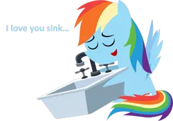 Size: 1201x842 | Tagged: safe, artist:zacatron94, derpibooru import, rainbow dash, pegasus, pony, 2014, cargo ship, dialogue, eyes closed, female, hug, image, kitchen sink, mare, multicolored hair, old art, png, pointy ponies, rainbow hair, rainbowsink, shipping, simple background, sitting, smiling, text, transparent background