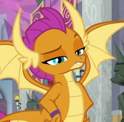 Size: 754x739 | Tagged: safe, derpibooru import, screencap, smolder, dragon, a matter of principals, cropped, dragoness, female, hand on hip, image, lidded eyes, looking at you, png, raised eyebrow, smolder is not amused, solo, spread wings, unamused, wings