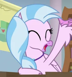 Size: 676x722 | Tagged: safe, derpibooru import, screencap, silverstream, classical hippogriff, hippogriff, a rockhoof and a hard place, cropped, cute, diastreamies, eyes closed, image, open mouth, png, raised arm, solo