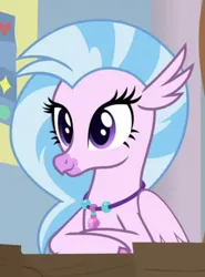Size: 548x739 | Tagged: safe, derpibooru import, screencap, silverstream, classical hippogriff, hippogriff, a rockhoof and a hard place, cropped, crossed arms, cute, diastreamies, image, jewelry, necklace, png, solo