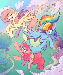 Size: 1390x1659 | Tagged: safe, artist:butterflyvanessa, derpibooru import, fluttershy, pinkie pie, rainbow dash, earth pony, pegasus, pony, balloon, bandaid, bandaid on nose, clock tower, cloud, deviantart watermark, ear fluff, female, floating, flying, gritted teeth, high angle, image, looking at each other, looking at someone, looking up, mare, obtrusive watermark, open mouth, open smile, outdoors, path, png, reaching, smiling, spread wings, sunrise, sunset, teeth, then watch her balloons lift her up to the sky, tree, trio, vertigo, watermark, wings