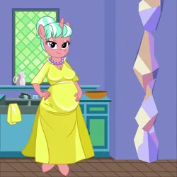 Size: 1013x1013 | Tagged: safe, anonymous artist, derpibooru import, stepford ponies, anthro, unguligrade anthro, unicorn, .svg available, breasts, cleavage, clothes, dress, eyelashes, female, hand on belly, hand on hip, housewife, image, indoors, jewelry, kitchen, necklace, pearl necklace, png, pregnant, sink, smiling, solo, vector