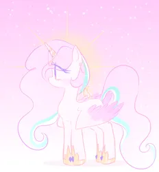 Size: 1216x1312 | Tagged: safe, artist:cutiesparke, derpibooru import, princess celestia, alicorn, folded wings, gradient background, gradient mane, horn, horn jewelry, image, jewelry, looking sideways, pink background, pink-mane celestia, png, regalia, simple background, solo, standing, stars, sun, two-toned wings, wings, young celestia