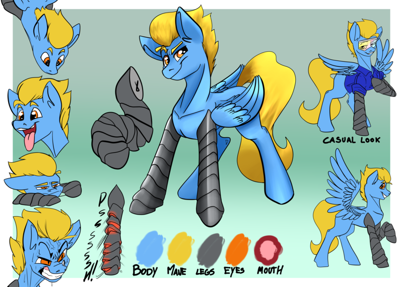 Size: 8268x5906 | Tagged: safe, artist:mekblue, derpibooru import, oc, oc:mechanical star, pegasus, amputee, angry, color palette, different angles, different poses, facial expressions, folded wings, image, pegasus oc, png, prosthetic leg, prosthetic limb, prosthetics, reference, reference sheet, solo, spread wings, sunglasses, tongue out, wings