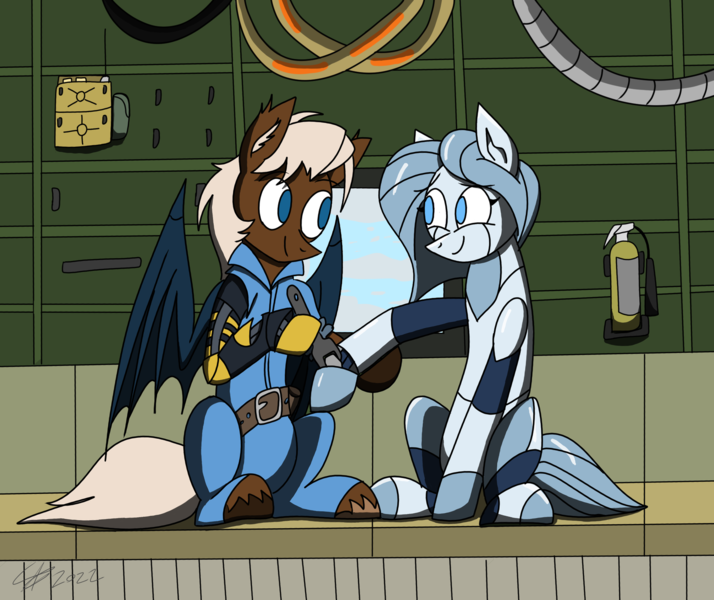 Size: 2070x1740 | Tagged: safe, artist:derpanater, derpibooru import, oc, oc:doll-e, oc:lug nut, android, bat pony, pony, robot, aircraft, amputee, bat pony oc, bat wings, commission, couple, cute, fire extinguisher, image, looking at each other, looking at someone, png, prosthetic limb, prosthetics, radio, sitting, wings, wrench
