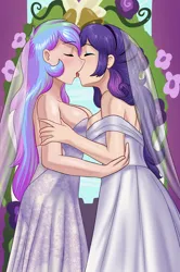 Size: 1356x2048 | Tagged: suggestive, artist:thebrokencog, derpibooru import, princess celestia, rarity, human, fanfic, fanfic:hold still and let me marry you, big breasts, breasts, busty princess celestia, busty rarity, clothes, commission, dress, duo, duo female, eyes closed, eyeshadow, fanfic art, female, females only, french kiss, hand on arm, humanized, image, kissing, lesbian, makeup, marriage, png, rarilestia, shipping, tongue play, wedding, wedding dress, wedding veil