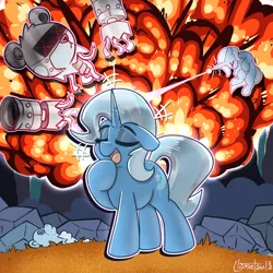 Size: 1200x1200 | Tagged: safe, artist:llametsul, derpibooru import, trixie, bear, pony, robot, unicorn, atg 2022, blast, boasting, colored, cute, diatrixes, explosion, eyes closed, eyeshadow, female, fight, giant robot, horn, image, magic, magic blast, makeup, mare, newbie artist training grounds, open mouth, open smile, plushie, png, smiling, solo, tail, talking, teddy bear