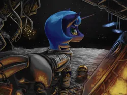 Size: 1200x900 | Tagged: safe, artist:chickhawk96, derpibooru import, princess luna, pony, astronaut, female, image, jpeg, looking at you, looking back, looking back at you, moon, s1 luna, solo, spacesuit, wreckage