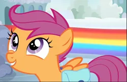 Size: 1014x658 | Tagged: safe, derpibooru import, screencap, scootaloo, pegasus, pony, parental glideance, bag, cropped, cute, cutealoo, female, filly, foal, gritted teeth, image, looking up, png, saddle bag, smiling, solo, teeth