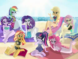 Size: 4000x3000 | Tagged: safe, artist:emeraldblast63, derpibooru import, applejack, fluttershy, pinkie pie, rainbow dash, rarity, starlight glimmer, sunset shimmer, twilight sparkle, equestria girls, barefoot, beach, beach chair, beach towel, belly button, bikini, breasts, chair, cleavage, clothes, feet, image, lying down, mane six, midriff, png, prone, sunset shimmer's beach shorts swimsuit, swimsuit, the pose, towel