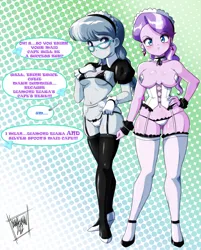 Size: 2006x2500 | Tagged: suggestive, artist:danmakuman, derpibooru import, diamond tiara, silver spoon, human, equestria girls, breasts, clothes, corset, duo, duo female, embarrassed, female, high heels, humanized, image, jpeg, latex, latex stockings, lingerie, maid, maid cafe, older, older diamond tiara, older silver spoon, polka dot background, shoes, skimpy outfit, socks, speech bubble, stockings, thigh highs, underwear