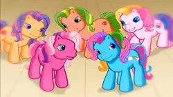 Size: 1280x720 | Tagged: safe, derpibooru import, screencap, applejack (g3), cheerilee (g3), rainbow dash (g3), scootaloo (g3), toola roola, pony, meet the ponies, g3, image, png, starsong's dance & sing party