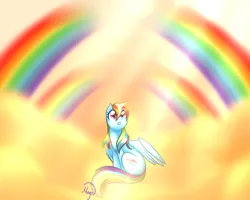 Size: 1024x819 | Tagged: safe, artist:lethalauroramage, derpibooru import, rainbow dash, pegasus, pony, cloud, double rainbow, female, image, looking up, mare, on a cloud, png, rainbow, sitting, solo