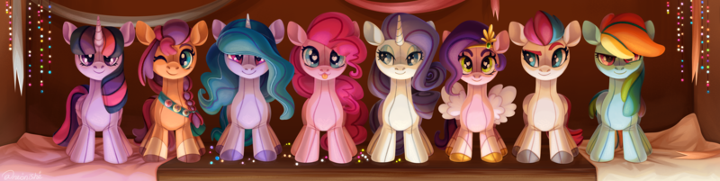 Size: 4500x1133 | Tagged: safe, artist:neonishe, derpibooru import, izzy moonbow, pinkie pie, pipp petals, rainbow dash, rarity, sunny starscout, twilight sparkle, twilight sparkle (alicorn), zipp storm, alicorn, earth pony, pegasus, pony, unicorn, complex background, g4, g5, image, plushie, png, pony plushie