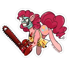 Size: 2826x2826 | Tagged: semi-grimdark, artist:angsty-artist, derpibooru import, pinkie pie, rainbow dash, pony, alternate design, apron, blood, body horror, bubba sawyer, chainsaw, clothes, face mask, female, horror, image, implied cupcakes, implied death, leather, leatherface, looking away, mask, movie reference, outlined, png, simple background, skinned, slasher, smiling, solo, solo female, the implications are horrible, the texas chainsaw massacre
