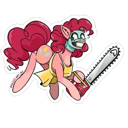 Size: 2826x2826 | Tagged: semi-grimdark, alternate version, artist:angsty-artist, derpibooru import, pinkie pie, rainbow dash, pony, alternate design, apron, body horror, bubba sawyer, chainsaw, clothes, face mask, female, horror, image, implied cupcakes, implied death, leather, leatherface, mask, movie reference, outlined, png, simple background, skinned, slasher, smiling, solo, solo female, texas chainsaw, the implications are horrible, the texas chainsaw massacre