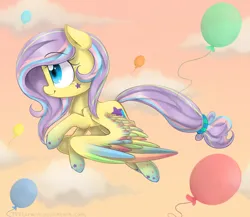 Size: 2300x2000 | Tagged: safe, artist:meotashie, derpibooru import, oc, oc:stardust, unofficial characters only, pegasus, pony, balloon, female, flying, image, pegasus oc, png, rainbow power, rainbow power-ified, solo, wings