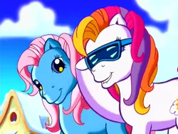 Size: 640x480 | Tagged: safe, derpibooru import, screencap, piccolo, sunny daze (g3), earth pony, pony, a very minty christmas, duo, female, g3, image, lip bite, mare, png, sunglasses