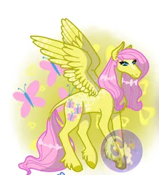 Size: 446x492 | Tagged: safe, artist:luna_mcboss, derpibooru import, fluttershy, butterfly, insect, pegasus, pony, appaloosa, blanket pattern, butterfly wings, chest fluff, coat markings, cutie mark, ear fluff, feathered fetlocks, feathered wings, female, hooves, image, long hair, long legs, long tail, pink mane, png, simple background, solo, solo female, spread wings, tail, wings, yellow background, yellow coat