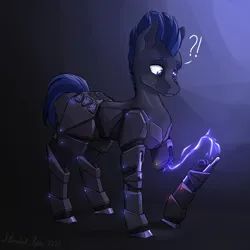 Size: 3800x3800 | Tagged: safe, artist:stardustspix, derpibooru import, oc, oc:disthene, unofficial characters only, earth pony, pony, cybernetic eyes, cybernetic legs, electricity, freckles, image, png, prosthetics, solo, surprised