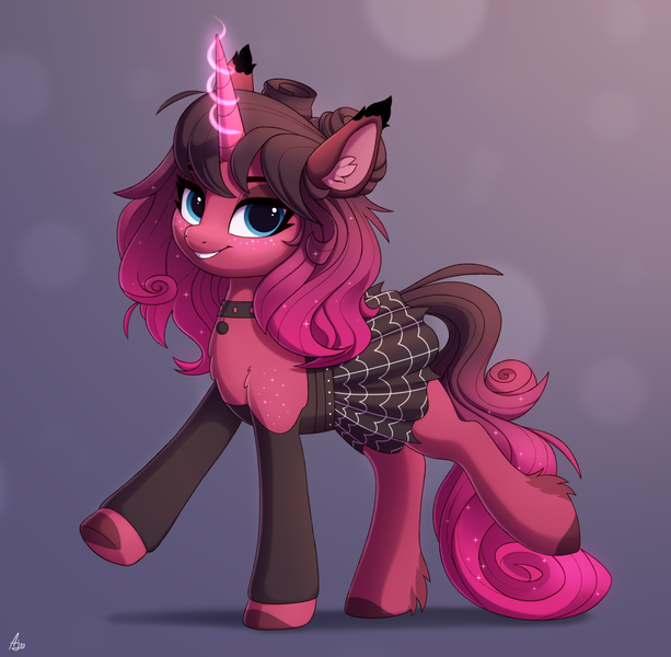Size: 2000x1958 | Tagged: safe, artist:luminousdazzle, derpibooru import, oc, oc:garnet midnight, unofficial characters only, pony, unicorn, blue eyes, choker, clothes, ear fluff, female, glow, glowing horn, horn, image, mare, png, raffle prize, simple background, skirt, smiling, solo, solo female, unicorn oc, unshorn fetlocks