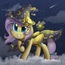 Size: 2300x2300 | Tagged: safe, artist:meotashie, derpibooru import, oc, oc:stardust, unofficial characters only, pegasus, pony, cape, clothes, costume, female, grin, hat, image, pegasus oc, png, shooting star, smiling, solo, wings, witch hat